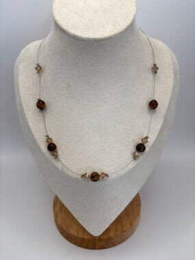 Vintage Wire Station 16" Necklace With Tigers Eye & Glass Faceted Beads